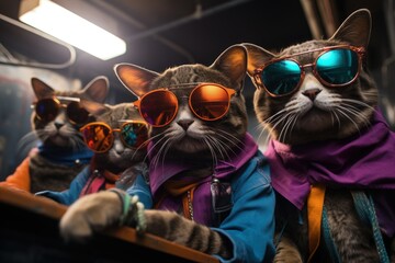 Fototapeta na wymiar cats portrait with sunglasses, Funny animals in a group together looking at the camera, wearing clothes, having fun together, taking a selfie, An unusual moment full of fun and fashion consciousness.
