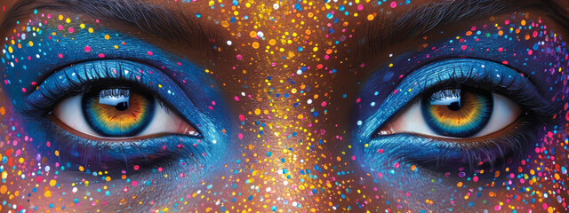 Vibrant Kaleidoscope, An Ethereal Close-Up Capturing the Hypnotic Beauty of Colorful Makeup on a Womans Face
