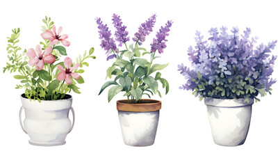 Beautiful watercolor flower pots, Generative AI