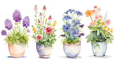 Obraz na płótnie Canvas Beautiful watercolor flower pots, Generative AI