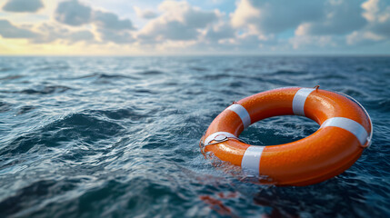 Lifebuoy floating at sea - obrazy, fototapety, plakaty
