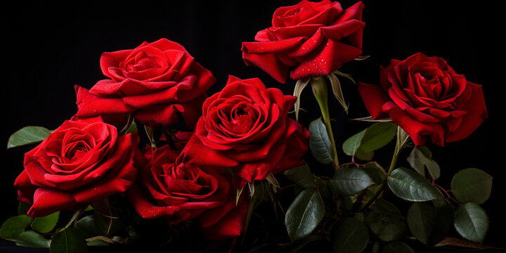 images of beautiful red roses dark green leaves against a striking black background elegance and romantic for valentine's day black background.