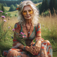 A middle-aged hippie woman in a colored dress and with flowers in her hair sits on a background of nature.