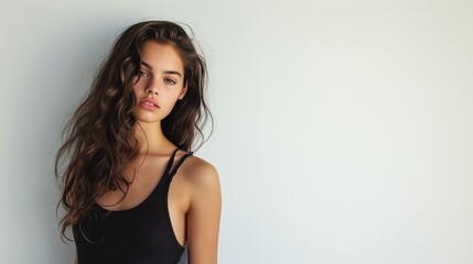 Fototapeta premium Studio portrait of mixed raced teenage girl wearing black yoga top, brown hair, plain studio background