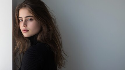 Portrait of a young teenage girl with brown hair, wearing a black turtle neck jumper, looking at camera, plain background, space for text and elements 
