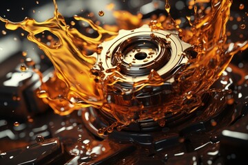 Motor oil in the mechanism of a car engine: care for durability and efficiency. car engine with lubricant oil on repairing. Concept of lubricate motor oil
