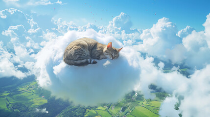 surreal photo of cat sleeping on clouds, fantasy, abstract surrealism - obrazy, fototapety, plakaty