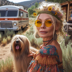 A middle-aged hippie woman in a colored dress and with flowers in her hair sits with a dog against...