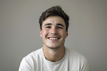 A young man wearing a white shirt smiles for the camera