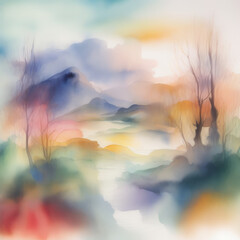 abstract painting sunset in the mountains with a river at the center