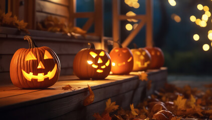 Glowing Halloween Pumpkin Lantern on Dark Background, Spooky and Fun Jack-o-Lantern Decoration