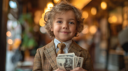 rich kid billionaire holding stack of money, flexing money , millionaire