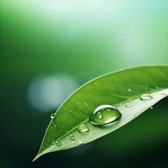 one young leaf with a dewdrop on the background of the side and space for text.