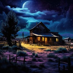 Wild West Town Photo Backdrop: Starry Night, Cactus Silhouettes, Historic Charm, Old Western Setting, Vintage Atmosphere, Desert Nightscape, Cowboy Aesthetics, Frontier Elegance, Nighttime in the Old 