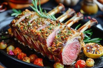 Rack of Lamb Garnished with Herbs and Rosemary with Vegetables 