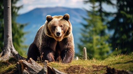 Fototapeta premium Large Brown Bear Walking Through Lush Green Forest