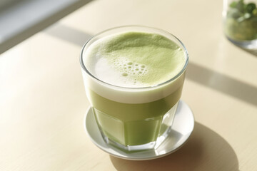 Obraz na płótnie Canvas Matcha latte in a glass with latte art on a sunny day on white table