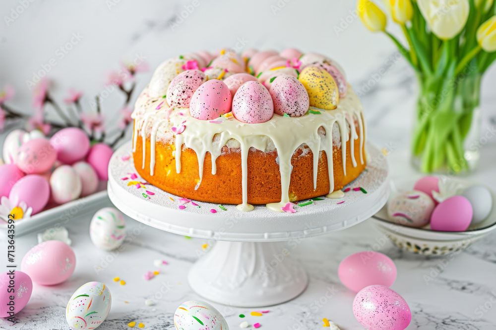 Wall mural Easter cake on white table decorated with chocolate eggs with flowers and eggs on the table