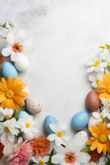 Easter background with spring flowers and colorful Easter eggs on white surface