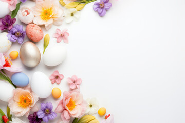 Fototapeta na wymiar Easter background with spring flowers and colorful Easter eggs on white surface