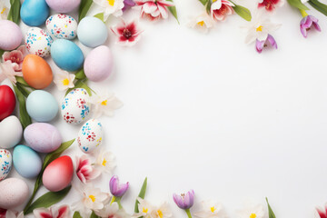 Naklejka na ściany i meble Easter background with spring flowers and colorful Easter eggs on white surface
