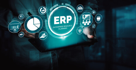 Enterprise Resource Management ERP software system for business resources plan presented in modern graphic interface showing future technology to manage company enterprise resource. uds