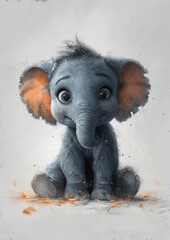 An adorable baby elephant in a cartoon style on a white background. 