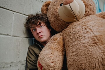 A goofy young man struggling to pull out an oversized teddy bear, stumbling over himself. - obrazy, fototapety, plakaty
