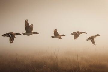 A group of 5 Northern pintails flies through fog at Ridgefield National Wildlife Refuge. - obrazy, fototapety, plakaty