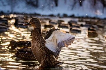Duck flapping its wings in the water