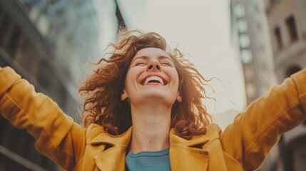 Joyful woman with curly hair enjoys a sunny day outdoors, her laughter echoing against the backdrop of urban architecture - obrazy, fototapety, plakaty