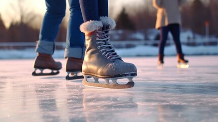Close-up of feet wearing skates on the ice. Winter skating at an outdoor skating rink. Christmas winter fun.Winter skating at an outdoor skating rink. - obrazy, fototapety, plakaty