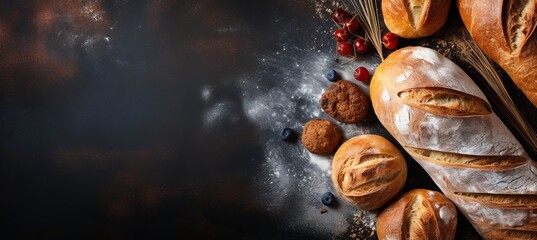 Assorted freshly baked bakery products on blackboard with copy space, top view