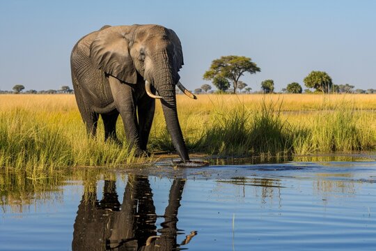 Africa, Botswana, Chobe National Park, African Elephant (Loxodonta Africana) stands at edge of water hole in Savuti Marsh