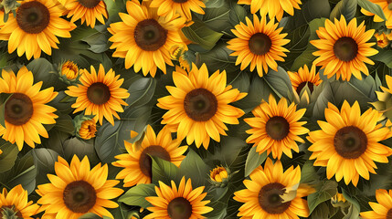 Yellow Sunflowers with a Green and Bronze Background seamless pattern