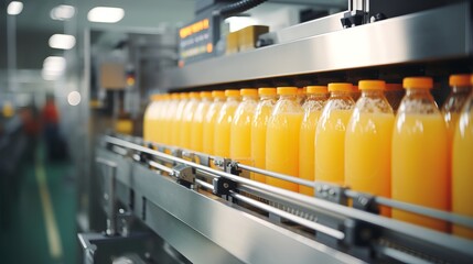 Modern beverage factory interior with juice bottles on conveyor belt - obrazy, fototapety, plakaty