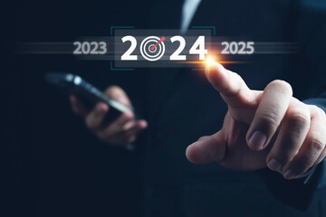 2024 business planning and strategy concept. business goals trends 2024. digital marketing, profit income, economy, stock market trends and business, 2024 trend, challenge and business strategy.