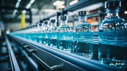 Modern equipment in beverage factory  water pet bottles on conveyor belt - obrazy, fototapety, plakaty