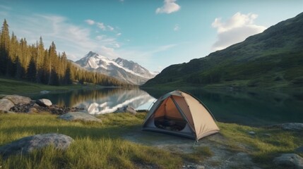 A camping tent in a nature hiking spot Relaxing during Ai Generative