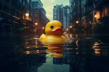 A rubber duck floating in a city setting. Generative AI
