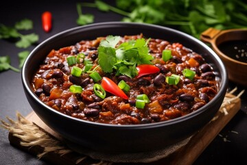 Plant-based chili with black beans on a plain surface. Generative AI