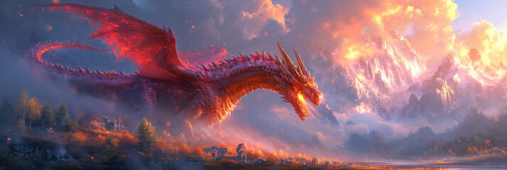 Dragon breathing fire while flying over a village. Mythology creature. Dark fantasy illustration. Generative AI - obrazy, fototapety, plakaty