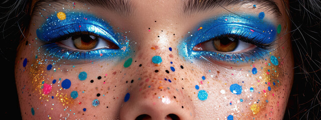 Vibrant Kaleidoscope, A Mesmerizing Close-Up of a Womans Face Adorned With Blue and Yellow Makeup