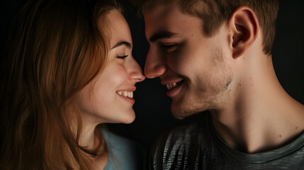 closeup shot of young Caucasian couple on black wallpaper, valentines day concept, sidepose 