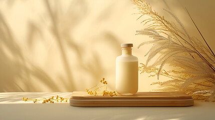 Fototapeta na wymiar beautiful bottle minimalist modern background mock-up, beige color, sunlight and shadows