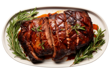 Top view of roasted meat on plate isolated on transparent background.
