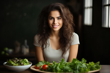 Young woman sitting before table with vegetables.