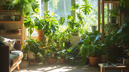 A luz suave do sol entra em uma sala aconchegante lançando sombras suaves em uma variedade de exuberantes plantas verdes - obrazy, fototapety, plakaty