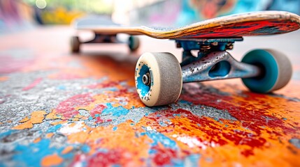 Vibrant close up of colorful skateboard wheels and bearings under dynamic lighting