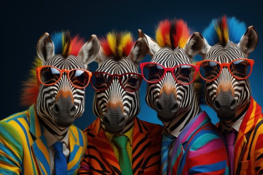 zebra portrait with sunglasses, Funny animals in a group together looking at the camera, wearing clothes, having fun together, taking a selfie, An unusual moment full of fun and fashion consciousness.